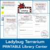 Ladybug Terrarium Printable Library Center title text at bottom. Collage of screenshots of Research Resources, Observation Choice 1, Observation Choice 2, and Research booklet pages.
