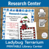 Ladybug Terrarium Printable Research Center title text. Screenshot of Research Center printable & Ladybug Observation & Research Notebook.