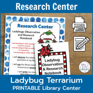 Ladybug Terrarium Printable Research Center title text. Screenshot of Research Center printable & Ladybug Observation & Research Notebook.