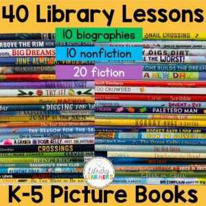 Photograph of 2 stacks of picture books with text: 40 Library Lessons, 10 biographies, 10 nonfiction, 20 fiction, K-5 picture books.