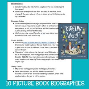 Screenshot of lesson plan with Digging For Words book cover image. Title text reads 10 Picture Book Biographies.