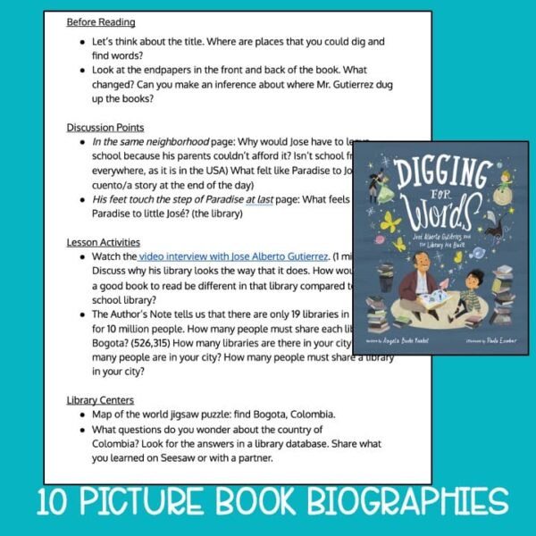 Screenshot of lesson plan with Digging For Words book cover image. Title text reads 10 Picture Book Biographies.