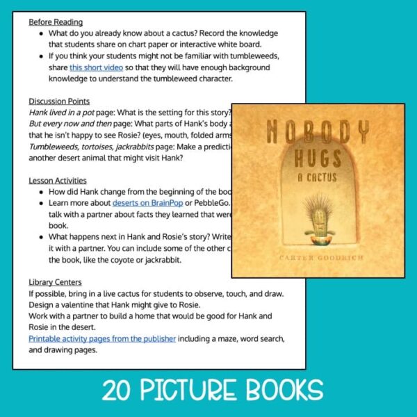 Screenshot of lesson plan with Nobody Hugs a Cactus book cover image. Title text reads 20 Picture Books.