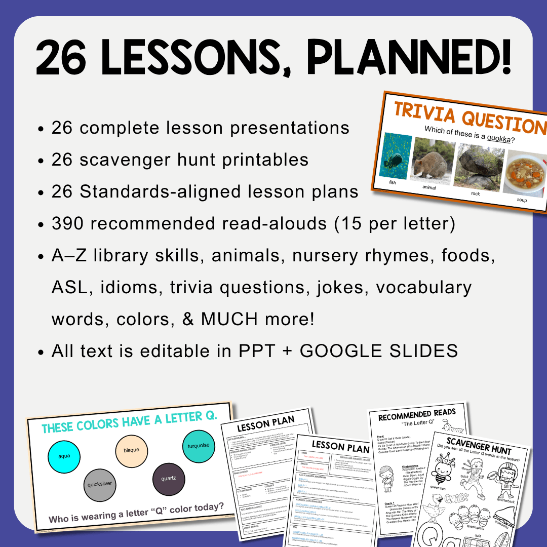 2 slides and printable scavenger hunt and lesson plan with text: 26 complete lesson presentations, 26 scavenger hunt printables, 26 standards-aligned lesson plans, 390 recommended read-alouds, all text is editable in PowerPoint and Google Slides.