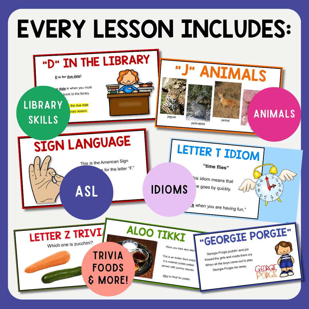 7 sample slides with text: Every lesson includes library skills, animals, American Sign Language, idioms, trivia, foods, and more!