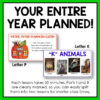 Screenshots of Peter Peter Pumpkin Eater and K Animals slides below Your Entire Year Planned title text. Each lesson takes 50 minutes. Parts I and II are clearly marked, so you can easily split them into two lessons for shorter class times, footer.