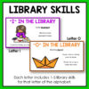 Screenshots of I In the Library and O in the Library slides below Library Skills title. Each letter includes 1-5 library skills for that letter of the alphabet in footer text.