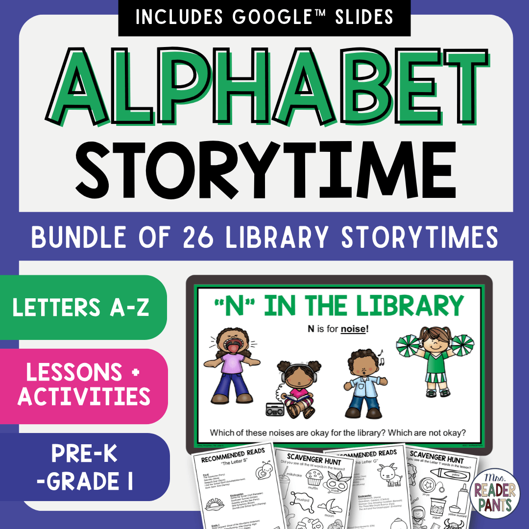N in the Library slide on monitor with Scavenger Hunt and Recommended Reads printables, with text: Bundle of 26 Library Storytimes; Letters A-Z; Lessons & Activities; PK- Grade 1.