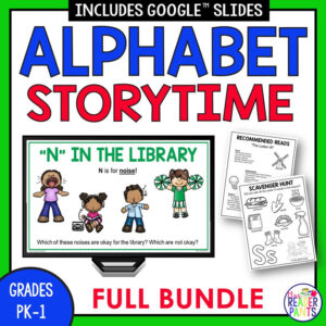 Screenshot of N in the Library slide on monitor with Scavenger Hunt and Recommended Reads printables. Alphabet Storytime title text, Grades PK-1 and Full Bundle text in footer.