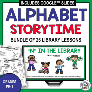N in the Library slide on monitor with Scavenger Hunt and Recommended Reads printables, with text: Grades PK-1.