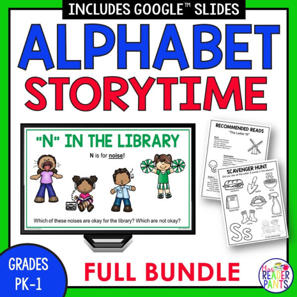 Screenshot of N in the Library slide on monitor with Scavenger Hunt and Recommended Reads printables. Alphabet Storytime title text, Grades PK-1 and Full Bundle text in footer.