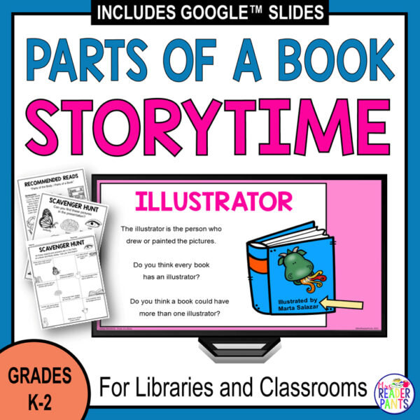 Illustrator slide with Recommended Reads & Scavenger Hunt printable on left; text Parts of a Book Storytime, grades k-2.
