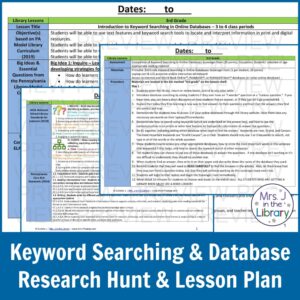 Screenshots of 3 lesson plan pages overlapping. Keyword Searching & Database Research Hunt & Lesson Plan title text.