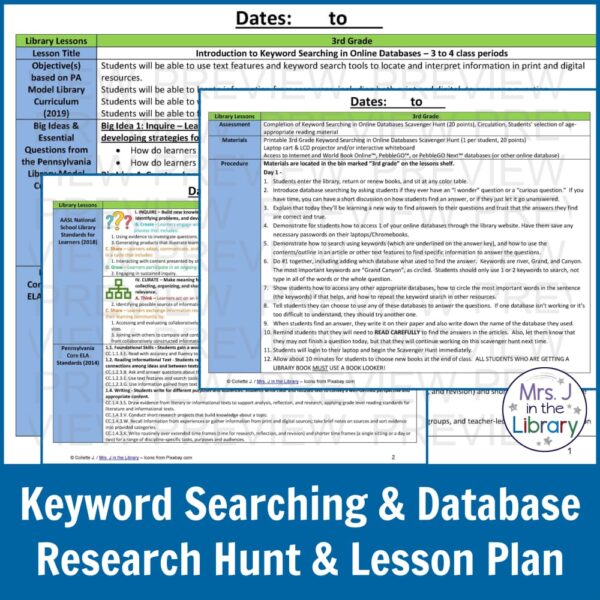 Screenshots of 3 lesson plan pages overlapping. Keyword Searching & Database Research Hunt & Lesson Plan title text.