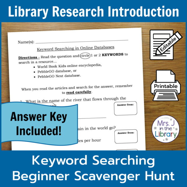 Screenshot of Keyword Searching in Online Databases printable with Answer Key Included icon. Library Research Introduction title text and Keyword Searching Beginner Scavenger Hunt footer.