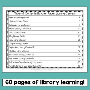 Table of Contents: Butcher Paper Library Centers printable with 60 pages of library learning text.