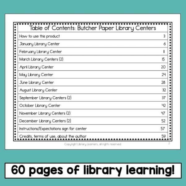 Table of Contents: Butcher Paper Library Centers printable with 60 pages of library learning text.