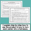 Overlapping screenshots of How to Use This Product and How to Turn Each Center into a Lesson. Footer reads I explain step-by-step how to use this product & how to turn each center into a full lesson.