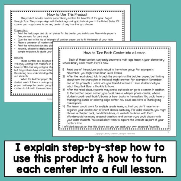 Overlapping screenshots of How to Use This Product and How to Turn Each Center into a Lesson. Footer reads I explain step-by-step how to use this product & how to turn each center into a full lesson.