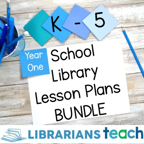 K-5 Year One School Library Lesson Plans Bundle on wood background.