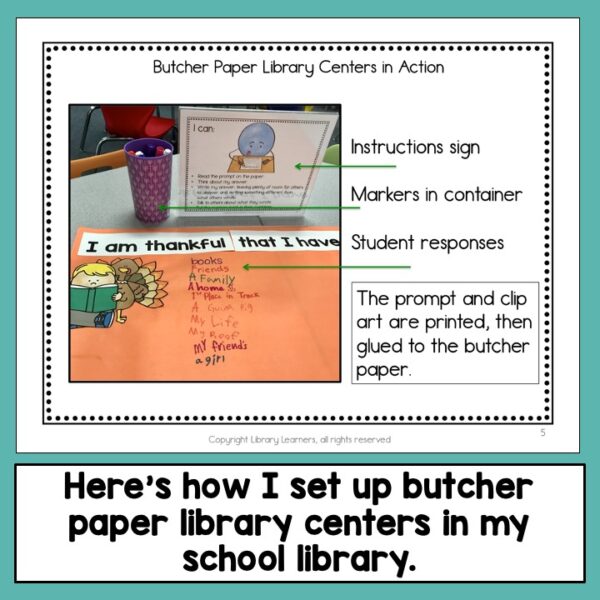 Butcher Paper Library Centers in Action printable with Here's how I set up butcher paper library centers in my school library text.