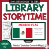 Today's Theme slide on laptop with Recommended Reads & Scavenger Hunt printables on left side. Library Storytime title on top with Mexico Grades K-2 footer.