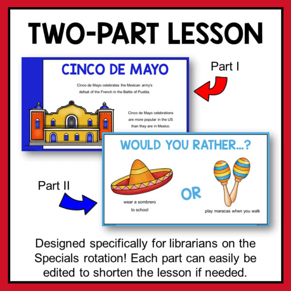 Cinco de Mayo and Would You Rather slides with text: Two-Part Lesson.