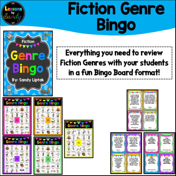 Fiction Genre Bingo title, with Everything you need to review Fiction Genres with your students in a fun Bingo Board format text box. Screenshots of product cover, 5 bingo boards, and 3 clue sheet cards.