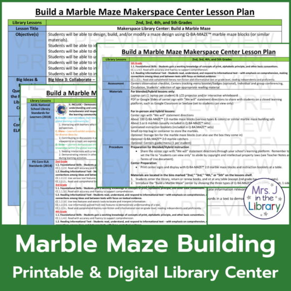Screenshots of 3 overlapping lesson plan pages. Marble Maze Building Printable & Digital Library Center title on bottom.
