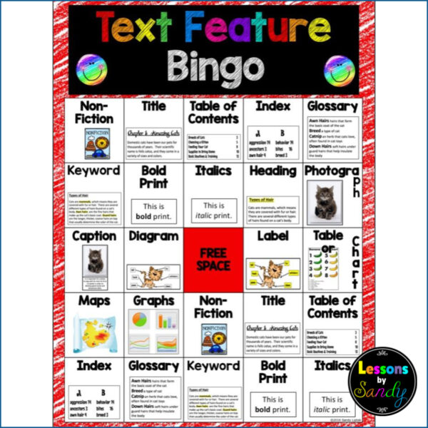 Screenshot of Text Feature Bingo game board.