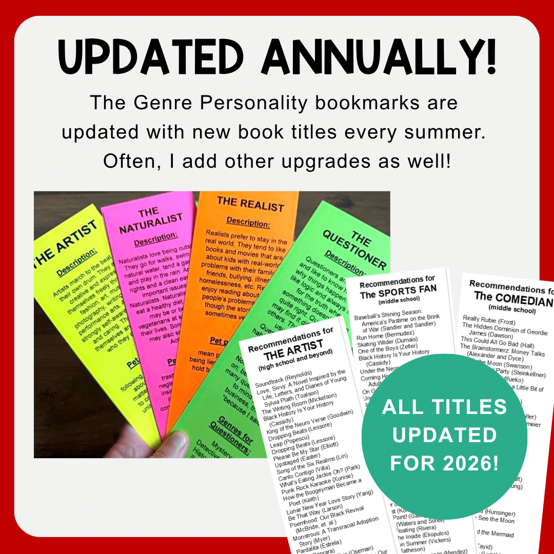 Printable bookmarks with text: Updated annually with new book titles; All titles updated for 2026.