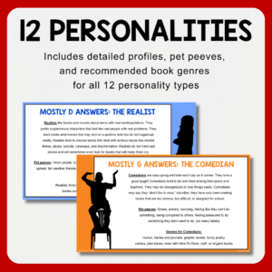 2 answer slides with text: 12 personalities; includes detailed profiles, pet peeves, and recommended book genres for all 12 personality types.