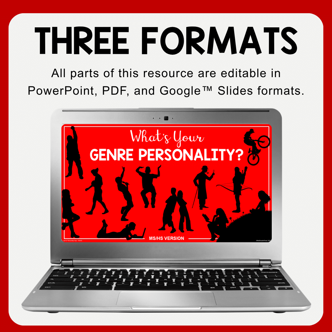 Genre personality quiz slide with text: Three Formats; All parts of this resource include PowerPoint, PDF, and Google Slides formats.