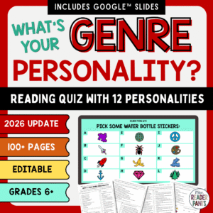 Question slide and printable quiz sheets with text: 2026 update, 100+ pages, editable, grades 6 and up.