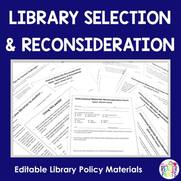 Library Selection & Reconsideration title text on top, Editable Library Policy Materials text on bottom. Photo of 11 overlapping pages of packet documents.