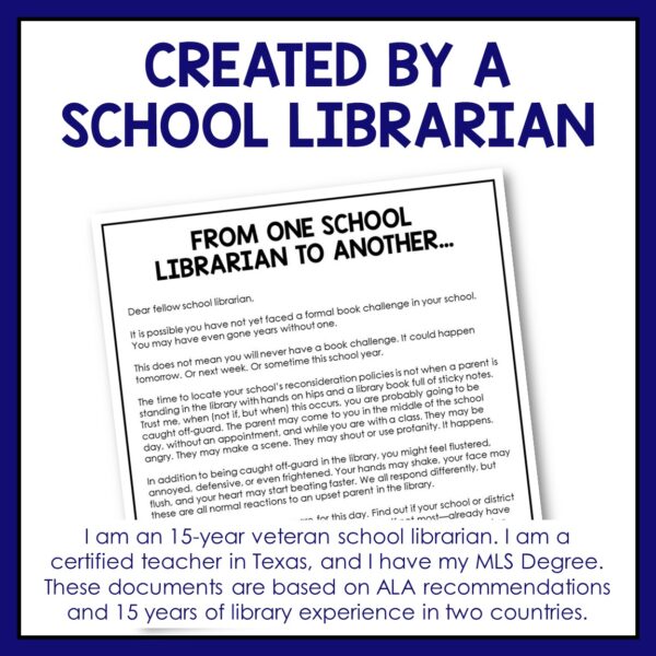 Screenshot of From One School Librarian to Another letter below Created by a School Librarian title. Footer reads These documents are based on ALA recommendations and 15 years of library experience in two countries.