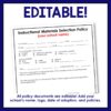 Screenshot of Instructional Materials Selection Policy form below Editable title text. Footer reads All policy documents are editable! Add your school's name, logo, date of adoption, and policies.