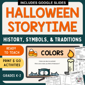 Colors slide on computer with printables and text: History, symbols, and traditions; ready to teach; print and go activities; Grades K-2.