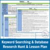 Screenshots of 3 lesson plan slides overlapping. Keyword Searching & Database Research Hunt & Lesson Plan title on bottom.