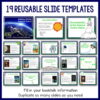 Screenshots of 18 slides below 19 Reusable Slide Templates title. Footer reads Fill in your booktalk information, Duplicate as many slides as you need.
