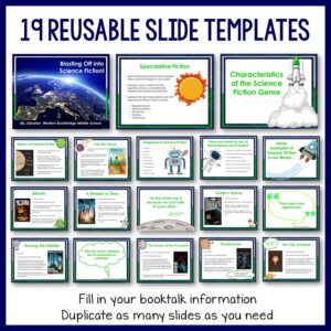 Screenshots of 18 slides below 19 Reusable Slide Templates title. Footer reads Fill in your booktalk information, Duplicate as many slides as you need.