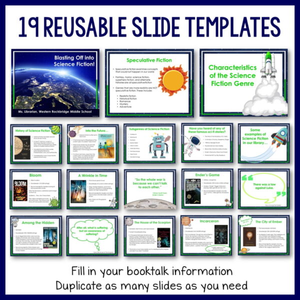 Screenshots of 18 slides below 19 Reusable Slide Templates title. Footer reads Fill in your booktalk information, Duplicate as many slides as you need.