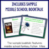 Screenshots of Bloom & Have you heard of any of these famous sci-fi stories slides below Includes Sample Middle School Booktalk text. Footer reads The sample booktalk features middle school fantasy fiction titles.