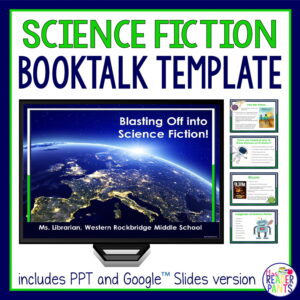 Screenshot of Blasting Off into Science Fiction slide on monitor with 4 slides on right side. Science Fiction Booktalk Template title on top, includes PPT and Google Slides version text in footer.