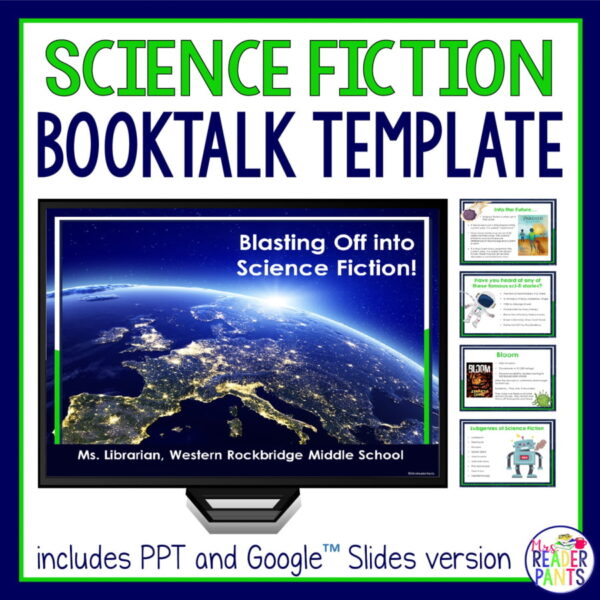 Screenshot of Blasting Off into Science Fiction slide on monitor with 4 slides on right side. Science Fiction Booktalk Template title on top, includes PPT and Google Slides version text in footer.