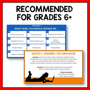 Screenshots of Right Now You Would Rather Be & Mostly C Answers: The Innovator slides. Recommended for Grades 6+ title on top.