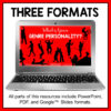 Screenshot of What's Your Genre Personality slide on laptop below Three Formats title text. Footer reads All parts of this resource include PowerPoint, PDF, and Google Slides formats.