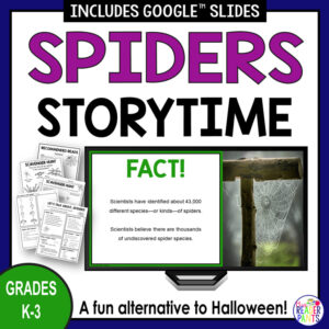 Spider facet slide with Recommended Reads & Scavenger Hunts printables, with text: Spider Storytime with Grades K-3, a fun alternative to Halloween.