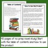 Screenshots of Table of Contents & How to Use this Product pages. 40 pages of no-prep novel study! Start with the table of contents and how to use this product text on bottom.