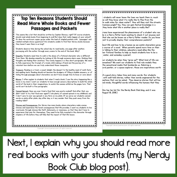 Screenshots of 2 pages of Top Ten Reasons Students Should Read More Whole Books and Fewer Passages and Packets. Footer reads Next, I explain why you should read more real books with your students (my Nerdy Book Club blog post).